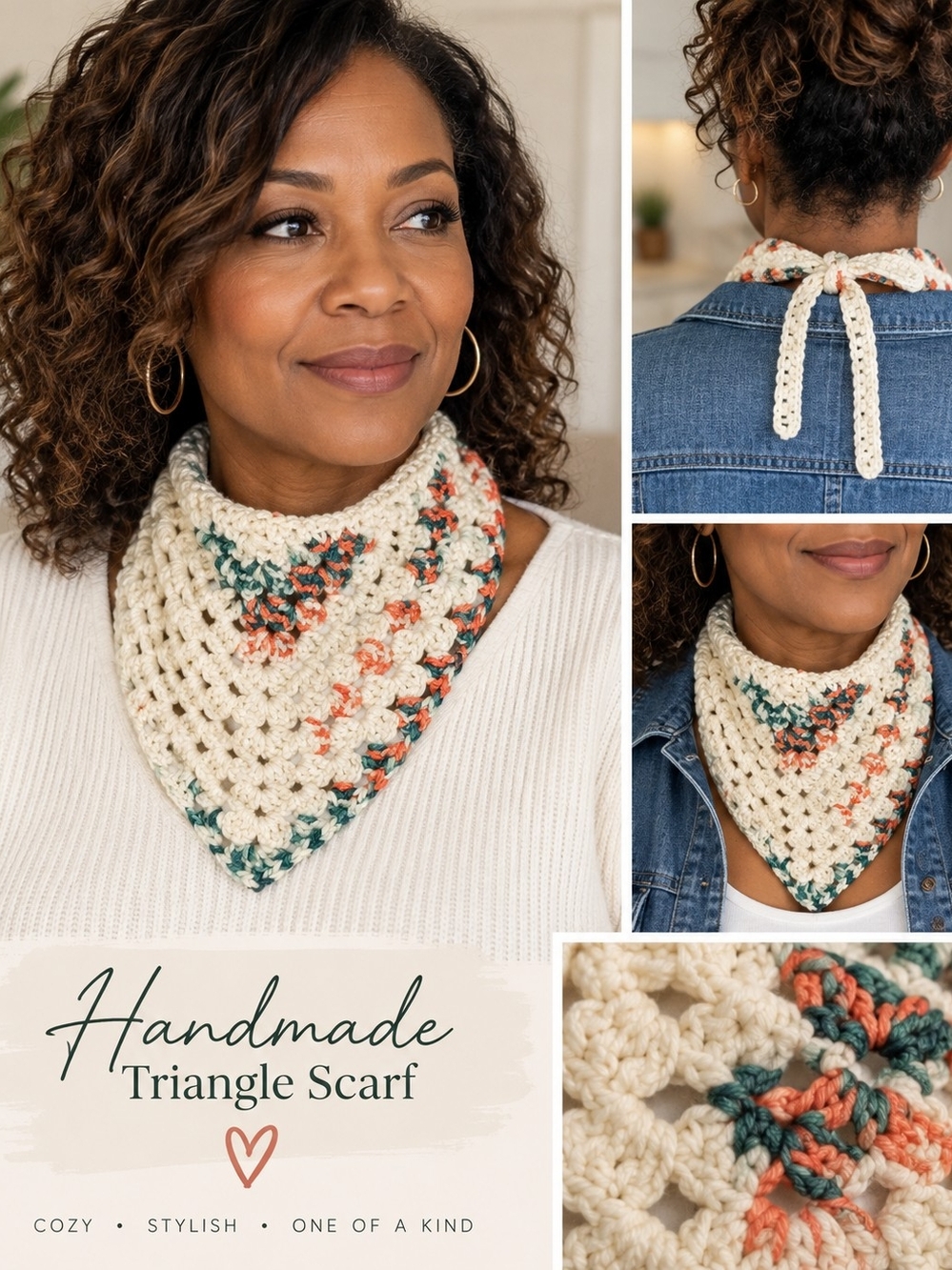 Handmade Cream Triangle Scarf with Coral & Teal Accents